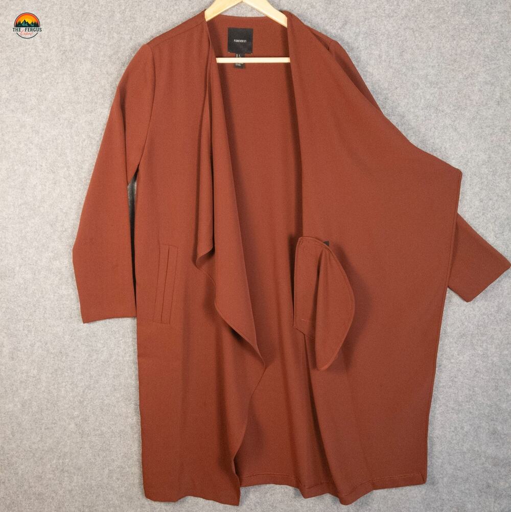 Forever 21 Open Front Cardigan Rust Long Length Pockets Business Women's Size S